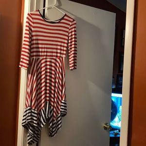 A white, red and blue striped dress.